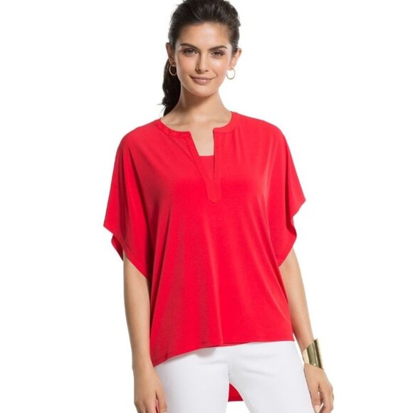 Chicos Womens V-Neck‎ Red Top Size 2 L Polyester/Spandex Notched Neck Boxy Top - Picture 1 of 11